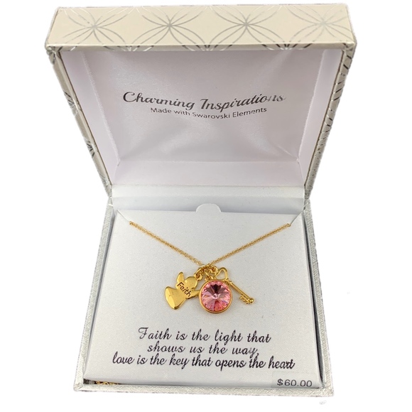 CHARMING INSPIRATIONS Necklace Swarovski Charms Faith Angel Pink Crystal Gold - Picture 2 of 4